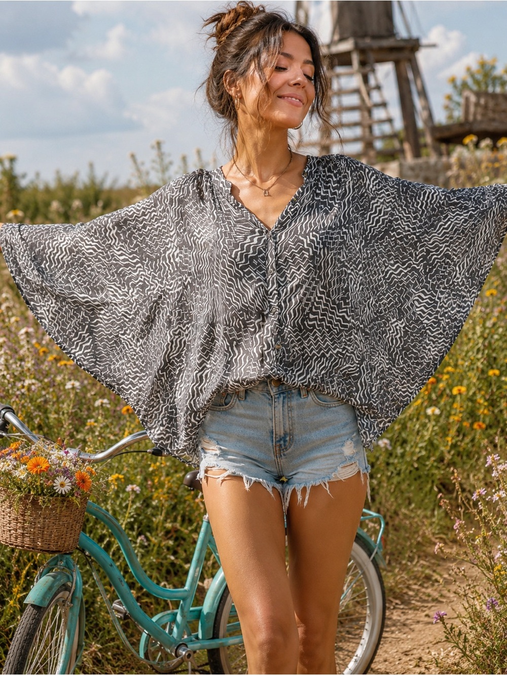 Pilcro Black and White Wavy-Print Batwing Blouse